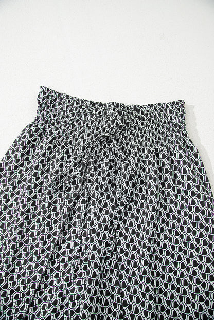 Black Bohemian Print Slit Wide Leg Smocked High Waist Pants