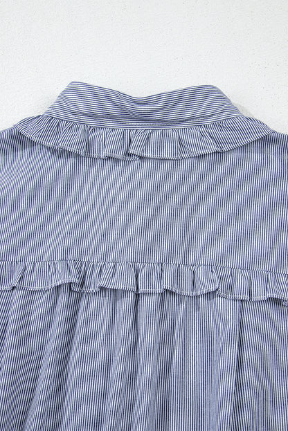 Blue Stripe Frilled Sleeveless Collar Front Pocket Button Up Mini Dress
