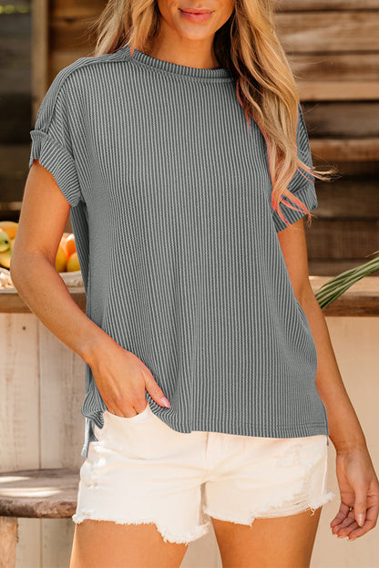 Rose Red Textured Knit Exposed Stitching T-shirt