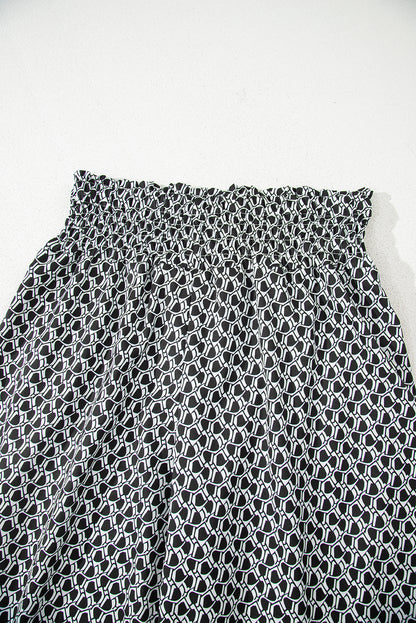 Black Bohemian Print Slit Wide Leg Smocked High Waist Pants