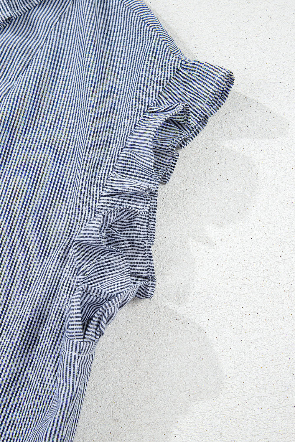 Blue Stripe Frilled Sleeveless Collar Front Pocket Button Up Mini Dress