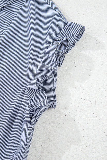 Blue Stripe Frilled Sleeveless Collar Front Pocket Button Up Mini Dress