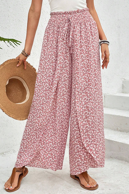Black Bohemian Print Slit Wide Leg Smocked High Waist Pants