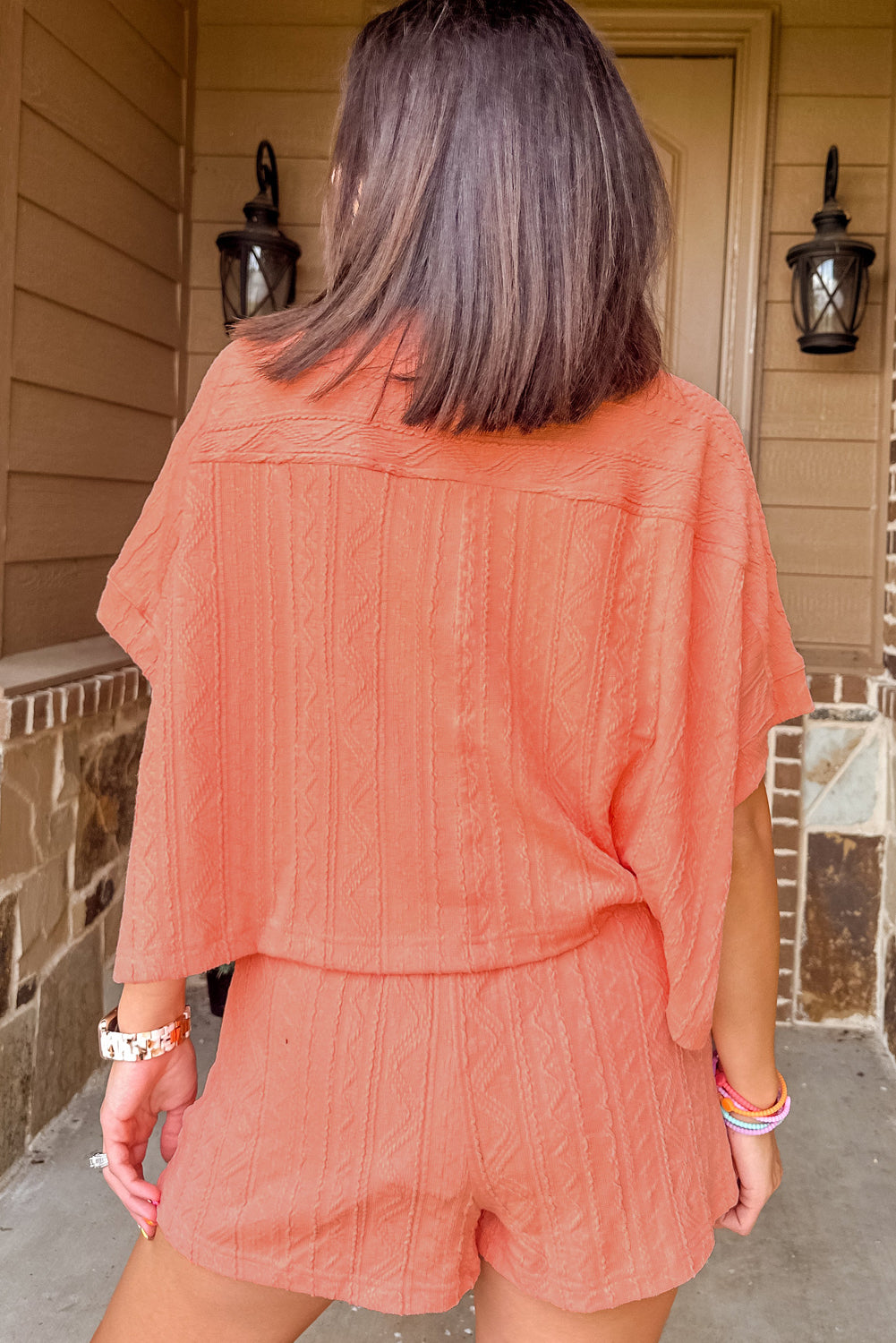 Jet Stream Textured Patched Pocket Short Sleeve Top Drawstring Shorts Set