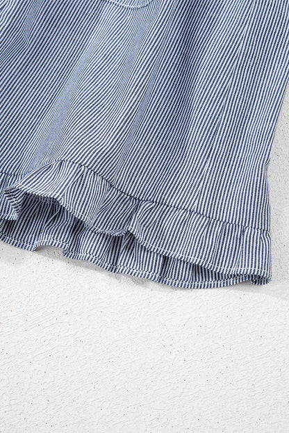 Blue Stripe Frilled Sleeveless Collar Front Pocket Button Up Mini Dress