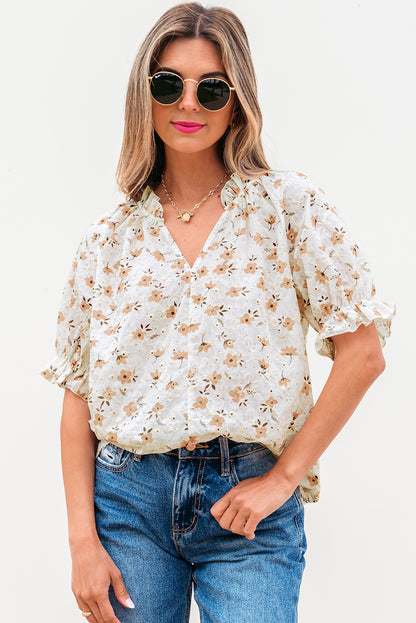 White Floral Eyelet Embroidered Puff Sleeve Notch V Neck Blouse