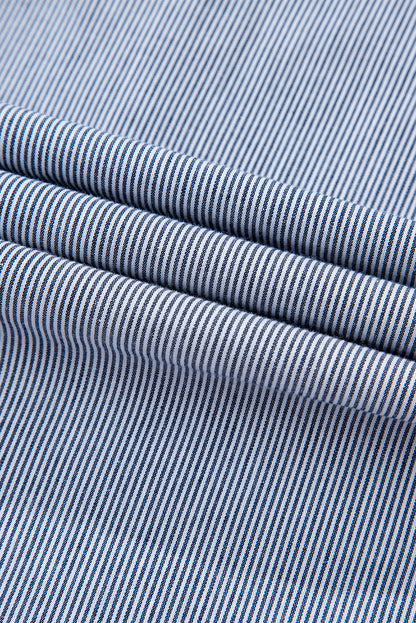 Blue Stripe Frilled Sleeveless Collar Front Pocket Button Up Mini Dress