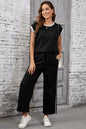 Black Cable Knit Contrast Trim Short Sleeve Top and Pants Set