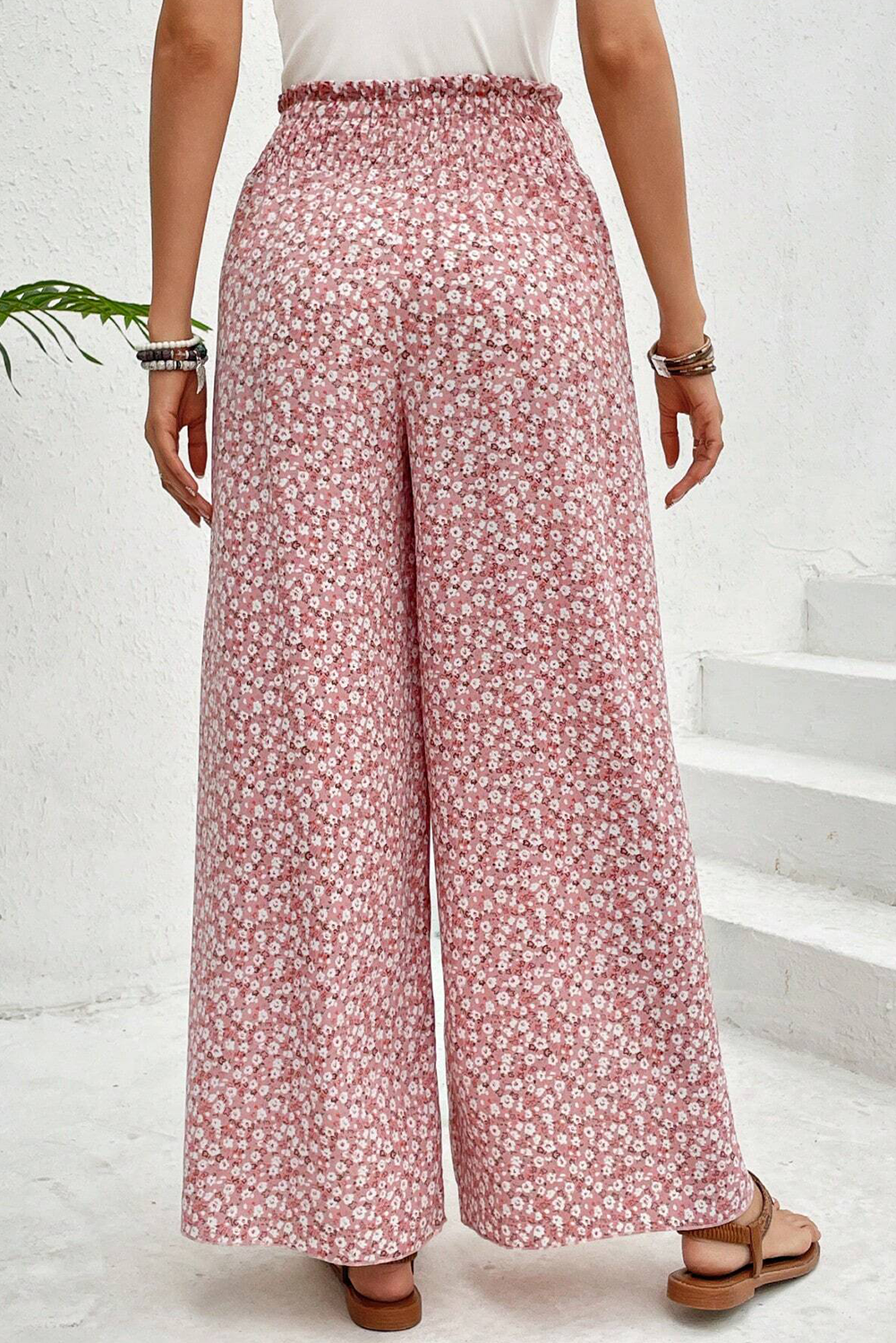 Black Bohemian Print Slit Wide Leg Smocked High Waist Pants