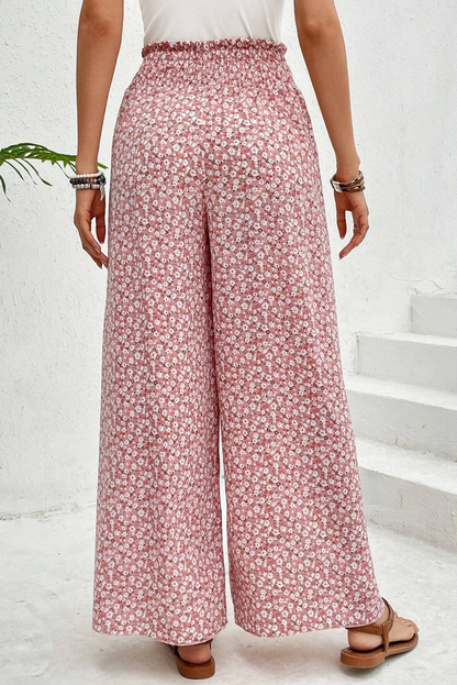 Black Bohemian Print Slit Wide Leg Smocked High Waist Pants