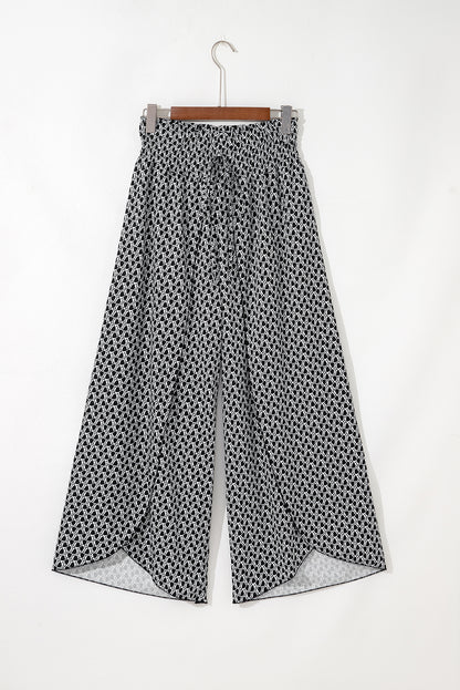 Black Bohemian Print Slit Wide Leg Smocked High Waist Pants