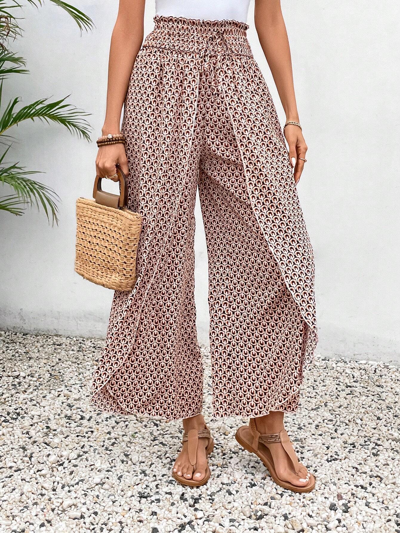 Black Bohemian Print Slit Wide Leg Smocked High Waist Pants
