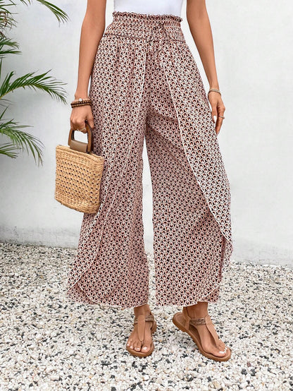 Black Bohemian Print Slit Wide Leg Smocked High Waist Pants