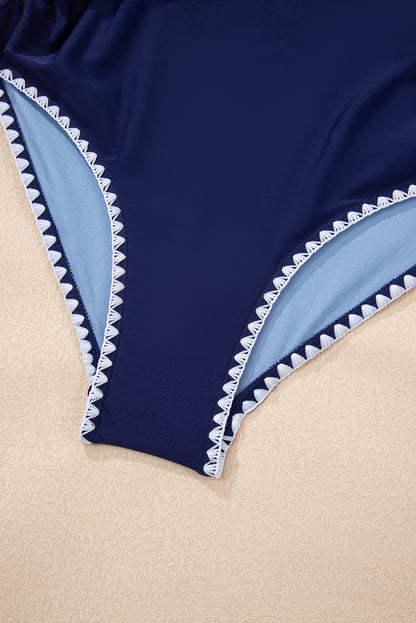 Black Ric Rac Trim Contrasted Patchwork Cutout One Piece Swimsuit