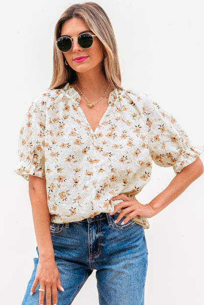 White Floral Eyelet Embroidered Puff Sleeve Notch V Neck Blouse
