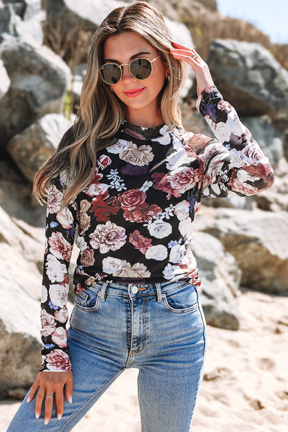 Pink Mesh Floral Print Mock Neck Long Sleeve Slim Top