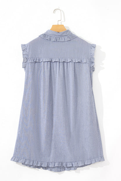 Blue Stripe Frilled Sleeveless Collar Front Pocket Button Up Mini Dress