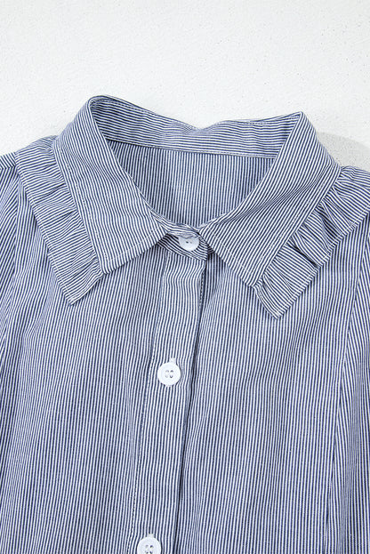 Blue Stripe Frilled Sleeveless Collar Front Pocket Button Up Mini Dress